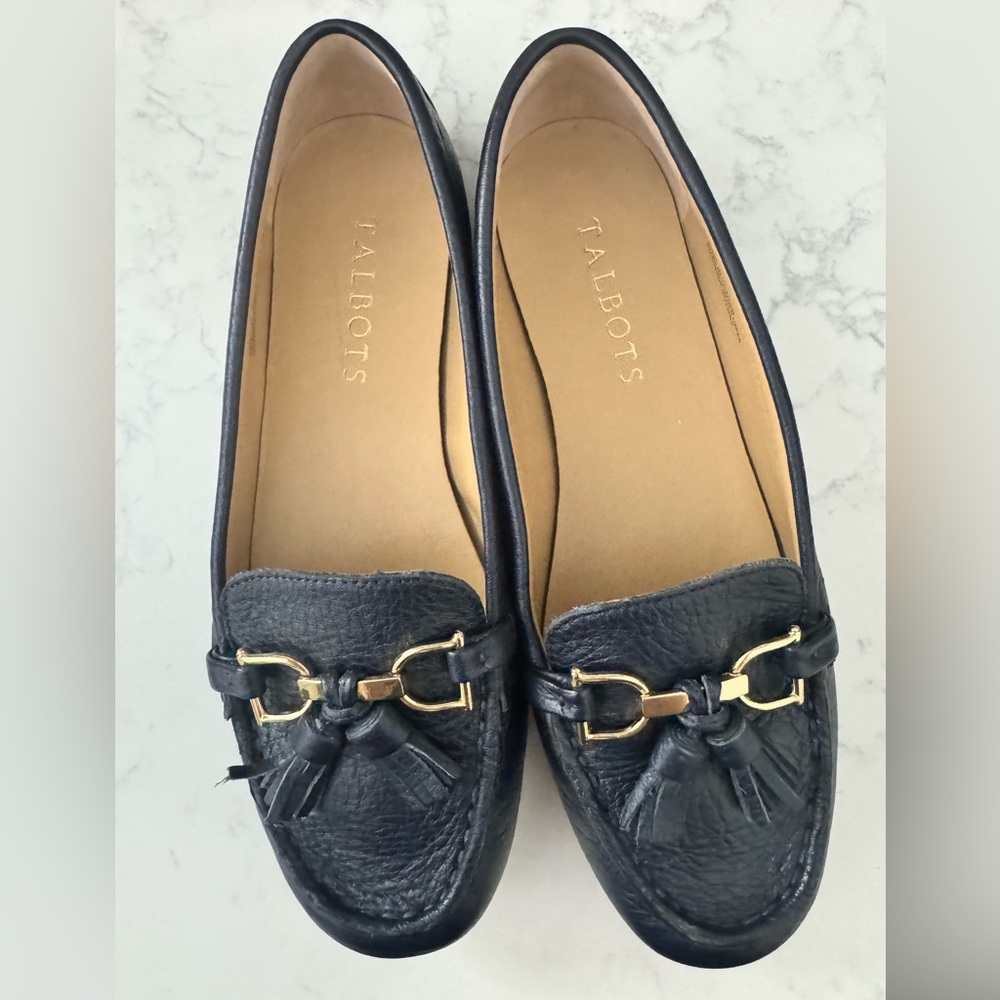 Talbots Black Leather Loafers with Gold Hardware